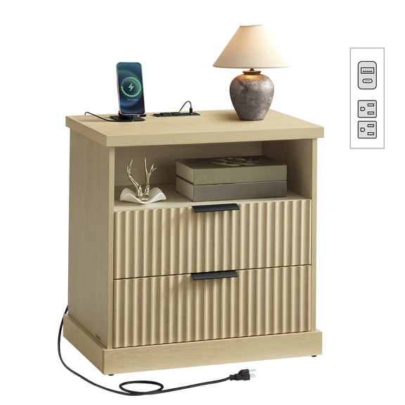 MAXE Nightstand for Bedroom, Fluted Side Table with 2 Drawers & Storage Shelf for Livingroom, Oak Beige