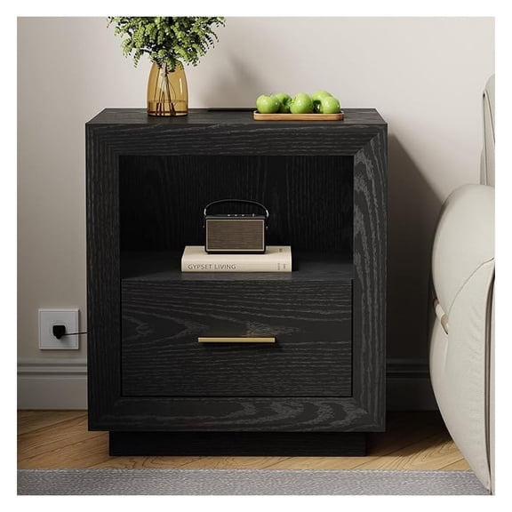 Nightstand with Charging Station, Bedside Table with Drawer & USB, Black