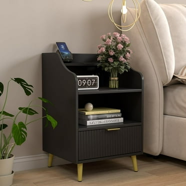 Nightstand with Charging Station, Bedside Table with Drawers and Open Shelf, Side Tables for Bedroom, Black
