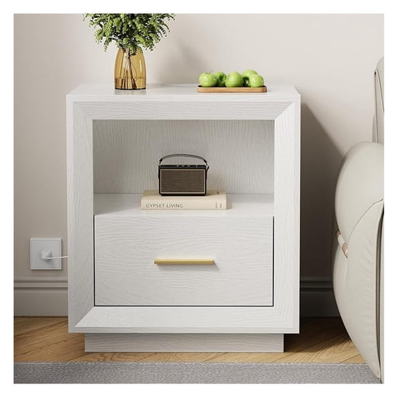 Nightstand with Charging Station: Bedside Table with Spacious Drawer, 2 Outlets USB Type-C, Drawer Storage Cabinet for Bedroom Dorm, White