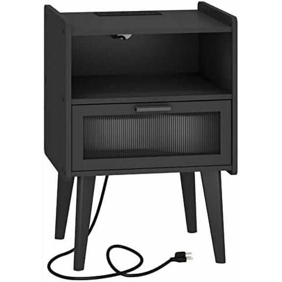Nightstand with Charging Station, Bedside Tables, End Table Side Table with 2 Tiers Storage Space, for Bedroom, Living Room, Black CAMLBZ07BE