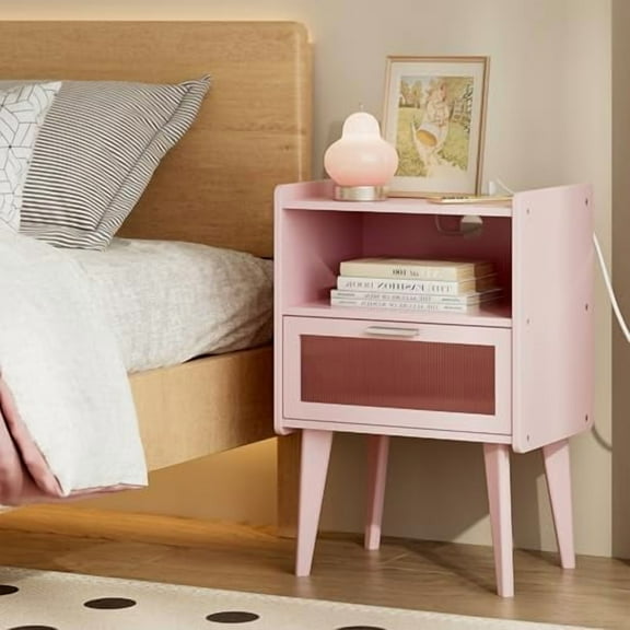 Nightstand with Charging Station, Bedside Tables Pink End Table Side Table with 2 Tiers Storage Space, for Bedroom Living Room MLBZ07PE