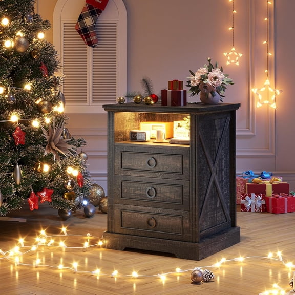 Nightstand with Charging Station,Farmhouse End Side Table with 3 Drawers and Open Storage,Smart Bedside Table with LED Light & Human Sensor, Brown