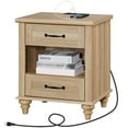 thumbnail image 1 of Nightstand with Charging Station, Farmhouse End Table with 2 Drawers & Open Cubby for Bedroom, Living Room, Light Rustic Oak, 1 of 6