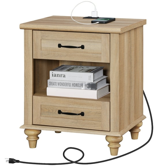 Nightstand with Charging Station, Farmhouse End Table with 2 Drawers & Open Cubby for Bedroom, Living Room, Light Rustic Oak