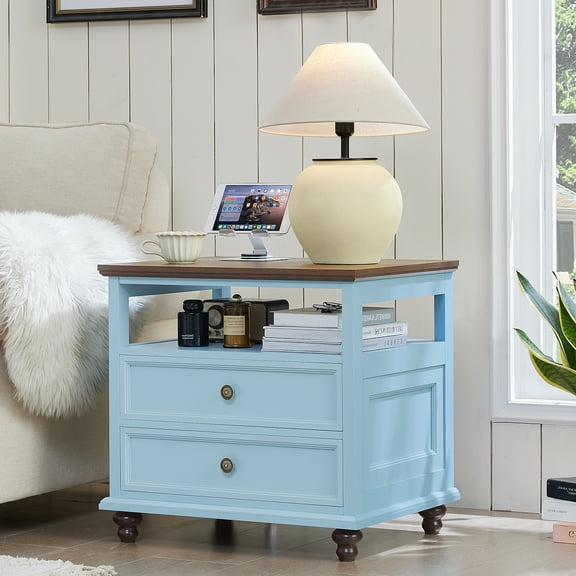 Nightstand with Charging Station, Farmhouse Nightstands with 2 Drawers Storage Side Table Bedside Cabinet for Bedroom Living Room - Light Blue