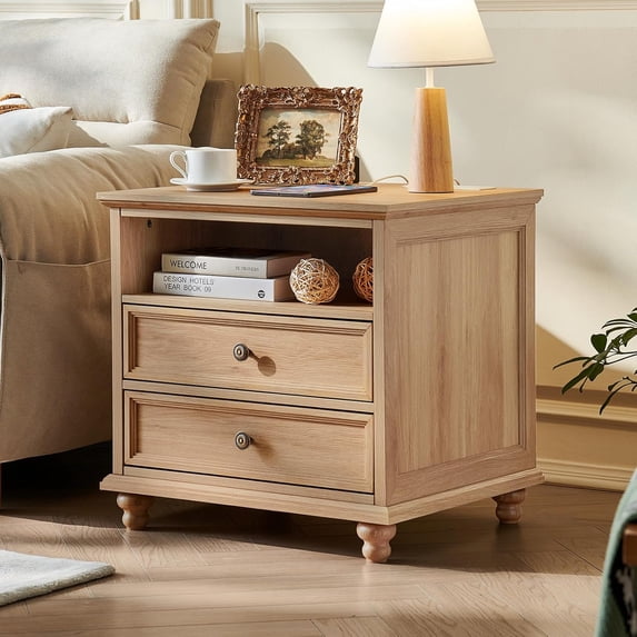 Nightstand with Charging Station, Farmhouse Nightstands with 2 Drawers Storage Side Table Bedside Cabinet for Bedroom Living Room, Natural Oak