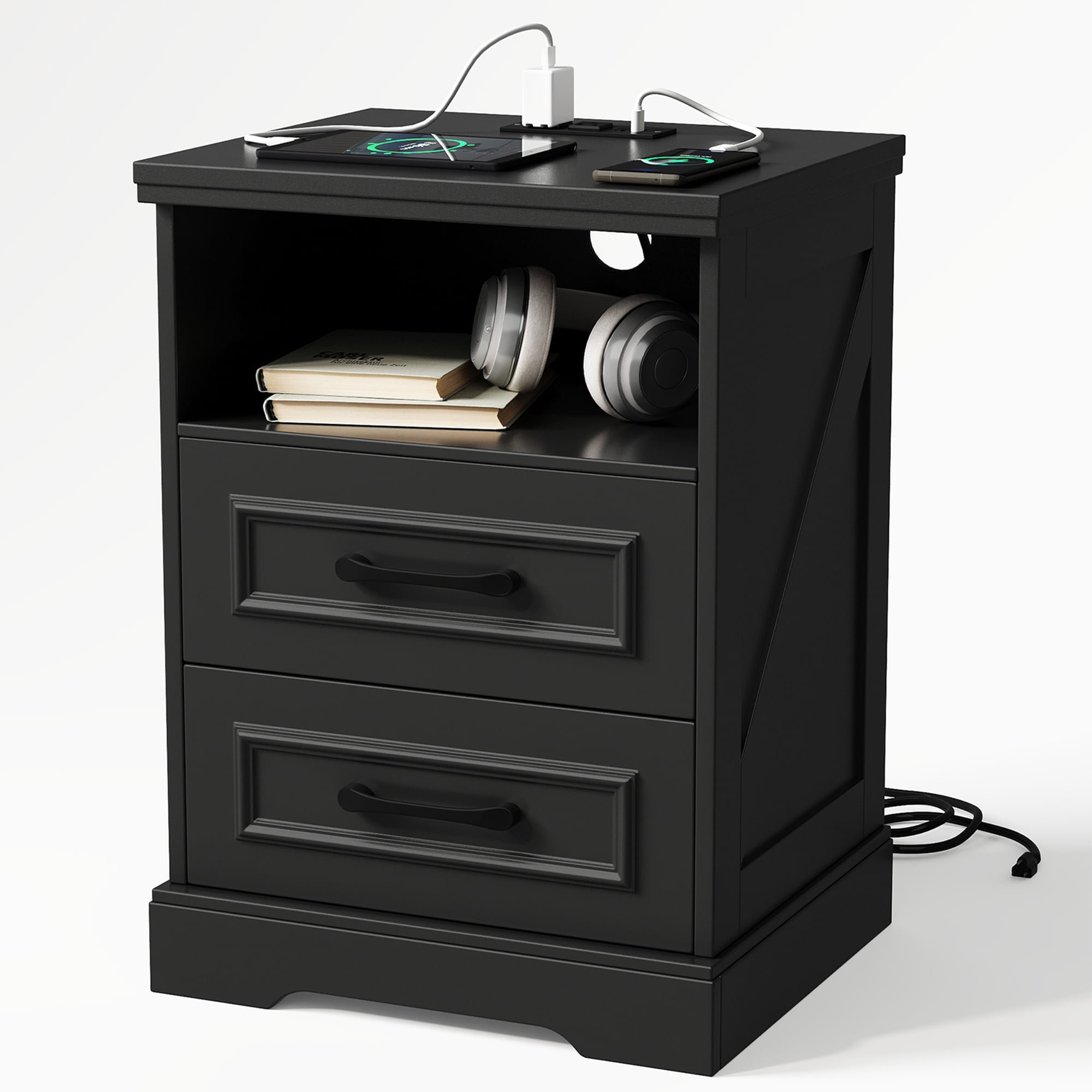 Nightstand with Charging Station, Farmhouse Nightstands with 2 Drawers Storage Side Table Bedside Cabinet for Bedroom Living Room