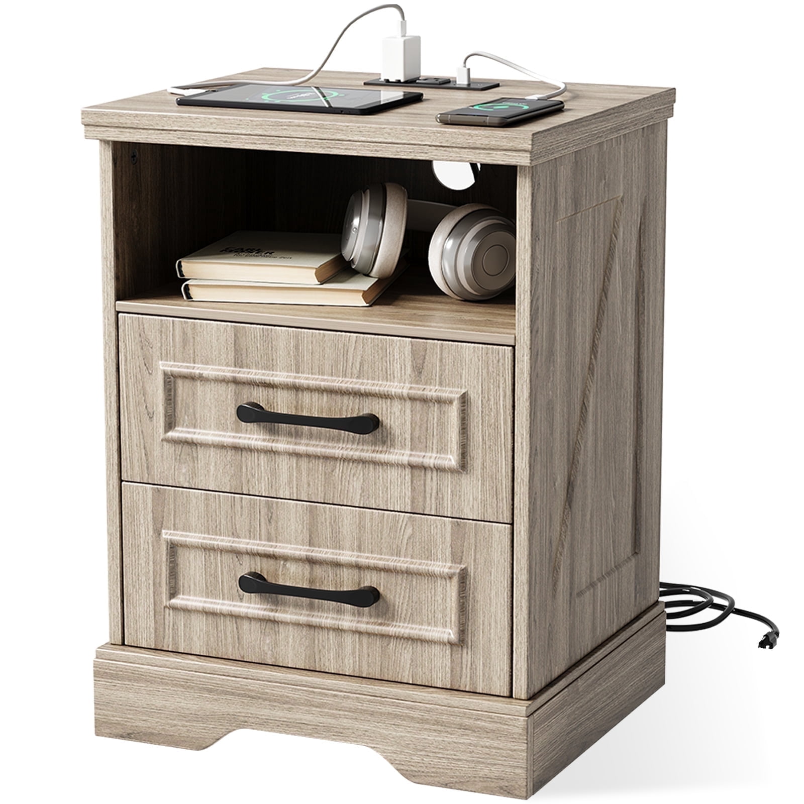 Nightstand with Charging Station, Farmhouse Nightstands with 2 Drawers Storage Side Table Bedside Cabinet for Bedroom Living Room