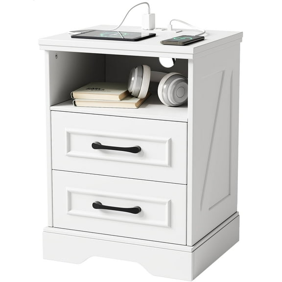 Nightstand with Charging Station, Farmhouse Nightstands with 2 Drawers Storage Side Table Bedside Cabinet for Bedroom Living Room