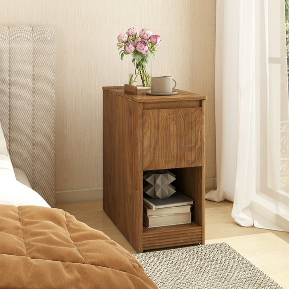 Nightstand with Charging Station, Flip Top Bedside Table with Drawer and Storage Shelf, Farmhouse End Table for Bedroom, Living Room
