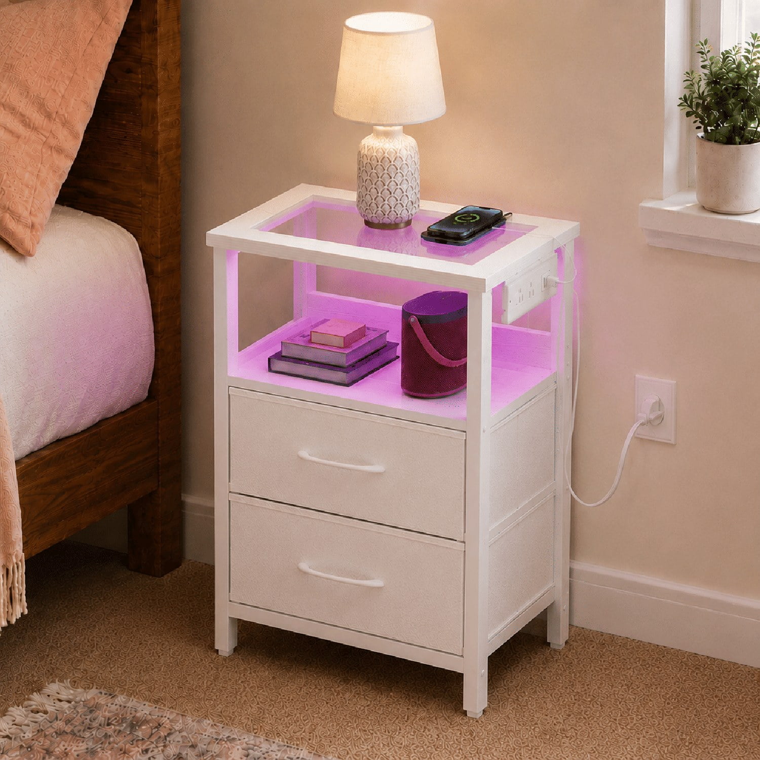 Nightstand with Charging Station, Glass Top End Table with RGB LED Light, 2 Fabric Drawers and Open Shelf for Bedroom