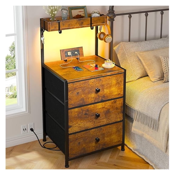 Nightstand with Charging Station & LED, 3 Drawer Bedside Table with Outlets - Rustic Brown - Tall Nightstand for Bedroom, Dorm, Entryway - 47 Inch
