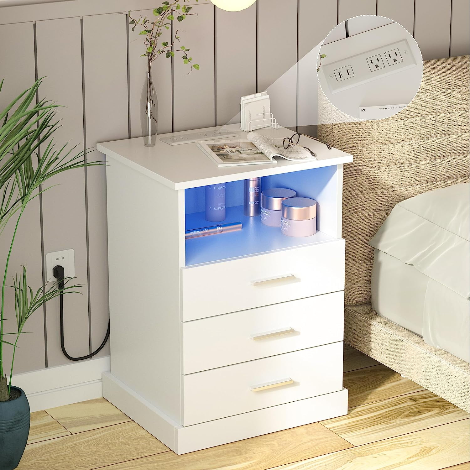 Nightstand with Charging Station, LED Lights Side Table with 3 Drawers