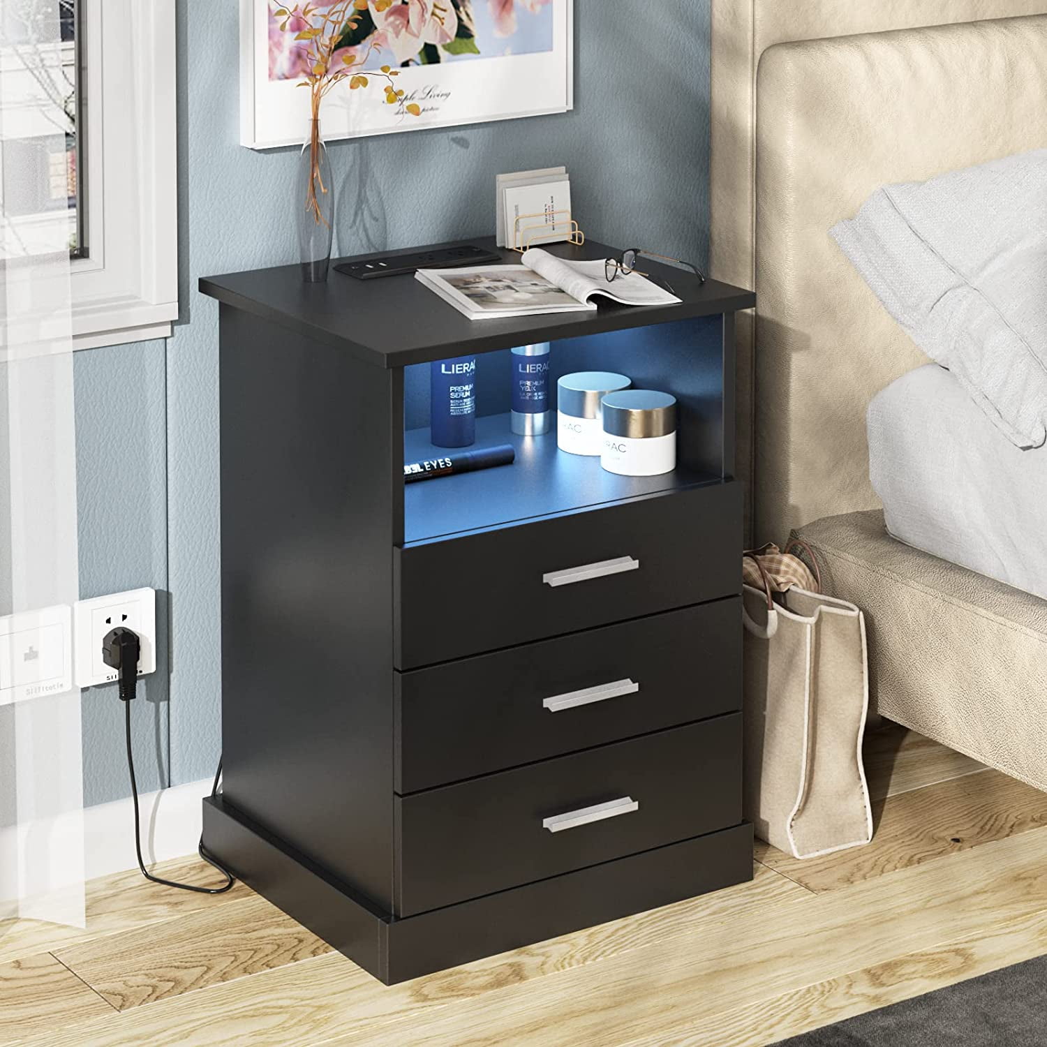 Nightstand with Charging Station, LED Lights Side Table with 3 Drawers