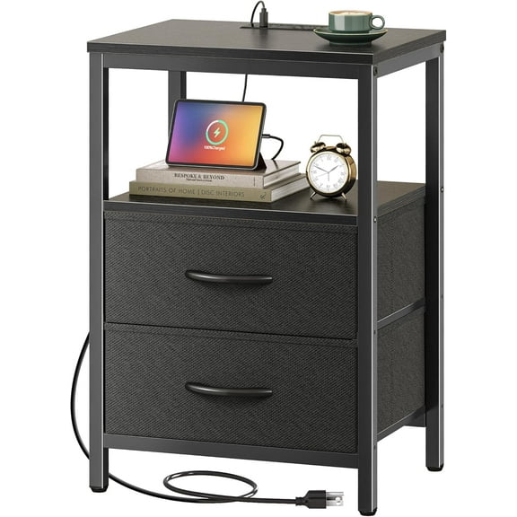 Nightstand with Charging Station, LED Night Stand with 2 Fabric Drawers, Bedside Table with USB Ports and Outlets, Nightstand for Bedroom Modern