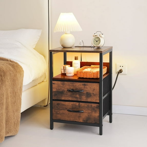 Nightstand with Charging Station & LED, Side End Table with 2 Fabric Drawers and Storage Shelf, Bedside Tables for Bedroom Living room, Brown