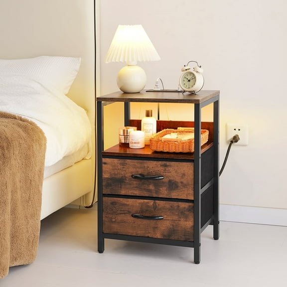 Nightstand with Charging Station & LED, Side End Table with 2 Fabric Drawers and Storage Shelf, Bedside Tables for Bedroom Living room, Brown