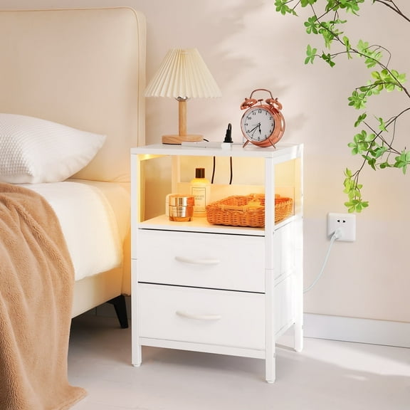 Nightstand with Charging Station & LED, Side End Table with 2 Fabric Drawers and Storage Shelf, Bedside Tables for Bedroom Living room, White