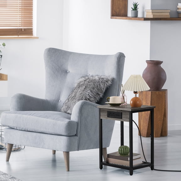 Nightstand with Charging Station, Modern 2-Tier Bedside Table with USB Ports & Outlets for Bedroom, Living Room, Dark Gray