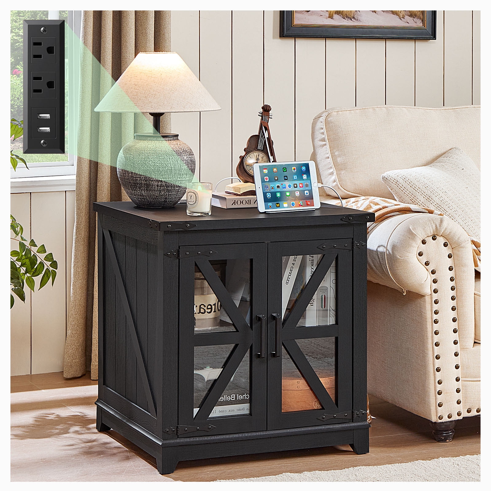 Nightstand with Charging Station Modern End Side Table with Storage Cabinet & USB Ports & Power Outlets for Bedroom Living Room, Black