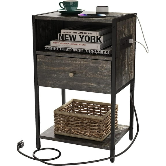 Nightstand with Charging Station, Modern End Table with Drawer, Bedside Table with Open Storage for Bedroom, Retro Grey