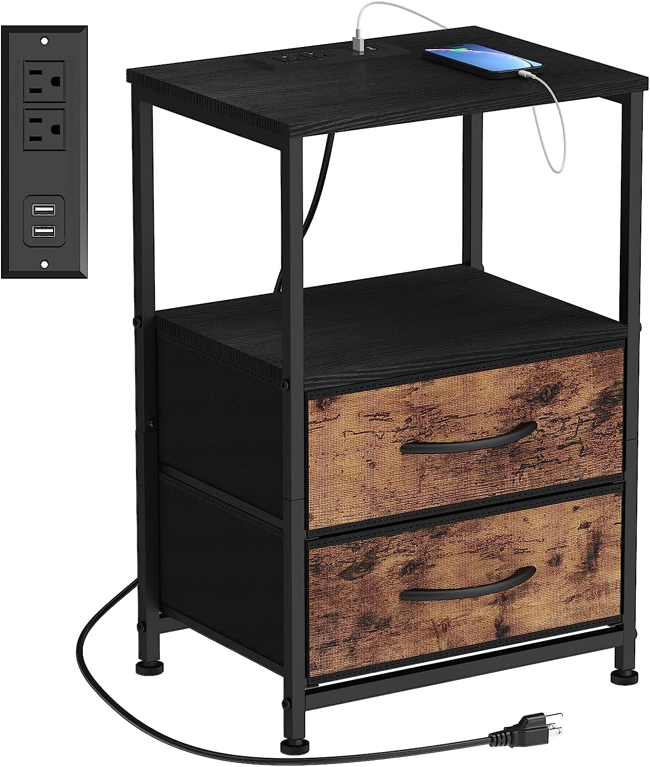 Oumilen Adult Nightstand with Charging Station Narrow End Table with 2 Fabric Drawers, Black