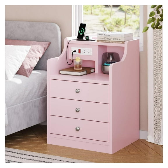 Nightstand with Charging Station,Pink Night Stand with Hutch,Bedside Table with Drawers,Bed Side Table with Storage 1PC