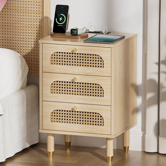 Nightstand with Charging Station, Rattan Night Stand 3 Drawer Bed Side Table, Boho Endtable with Drawers, Wood Nightstand for Bedroom, Nature Oak