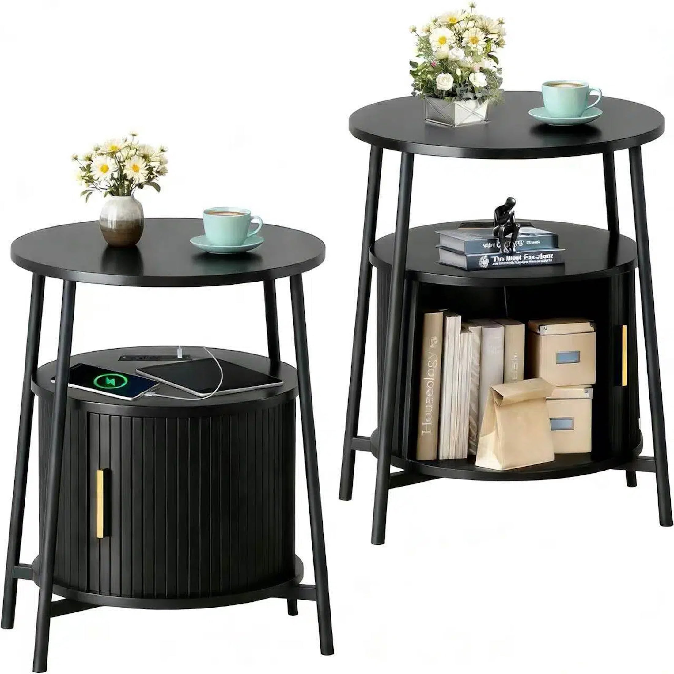 Aisword Nightstand with Charging Station, Modern Round Bedside Table with Sliding Door Storage, Black, 2 Pack
