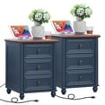thumbnail image 1 of Nightstand with Charging Station Set of 2, Night Stand with 3 Storage Drawers for Bedroom, Blue, 1 of 8