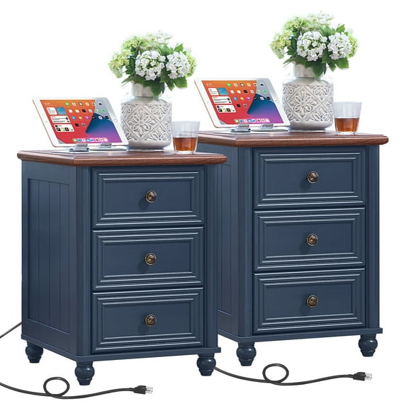 Nightstand with Charging Station Set of 2, Night Stand with 3 Storage Drawers for Bedroom, Blue