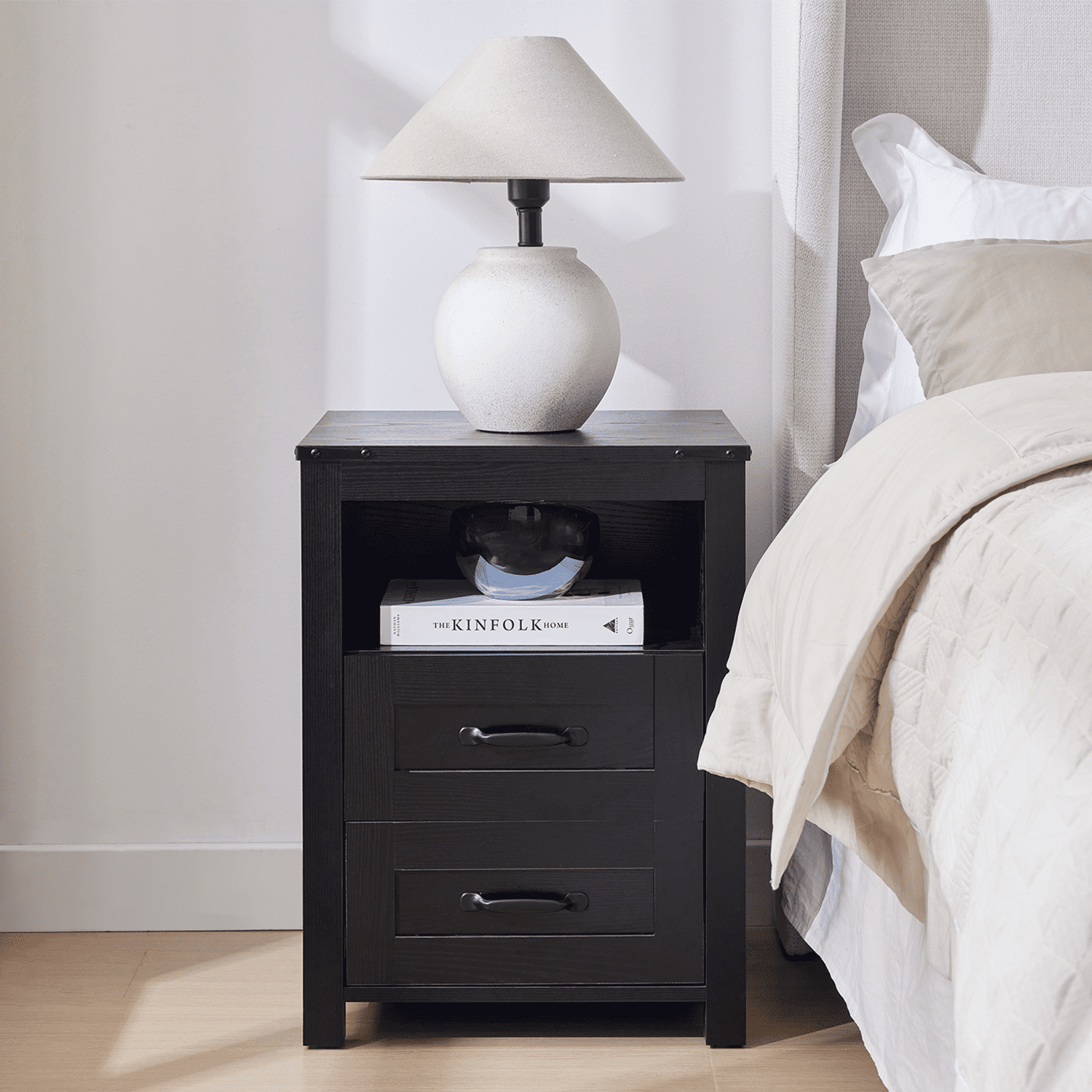 Nightstand with Charging Station,Side Table with 2 Drawers Storage Cabinet for Bedroom, Living Room, Black
