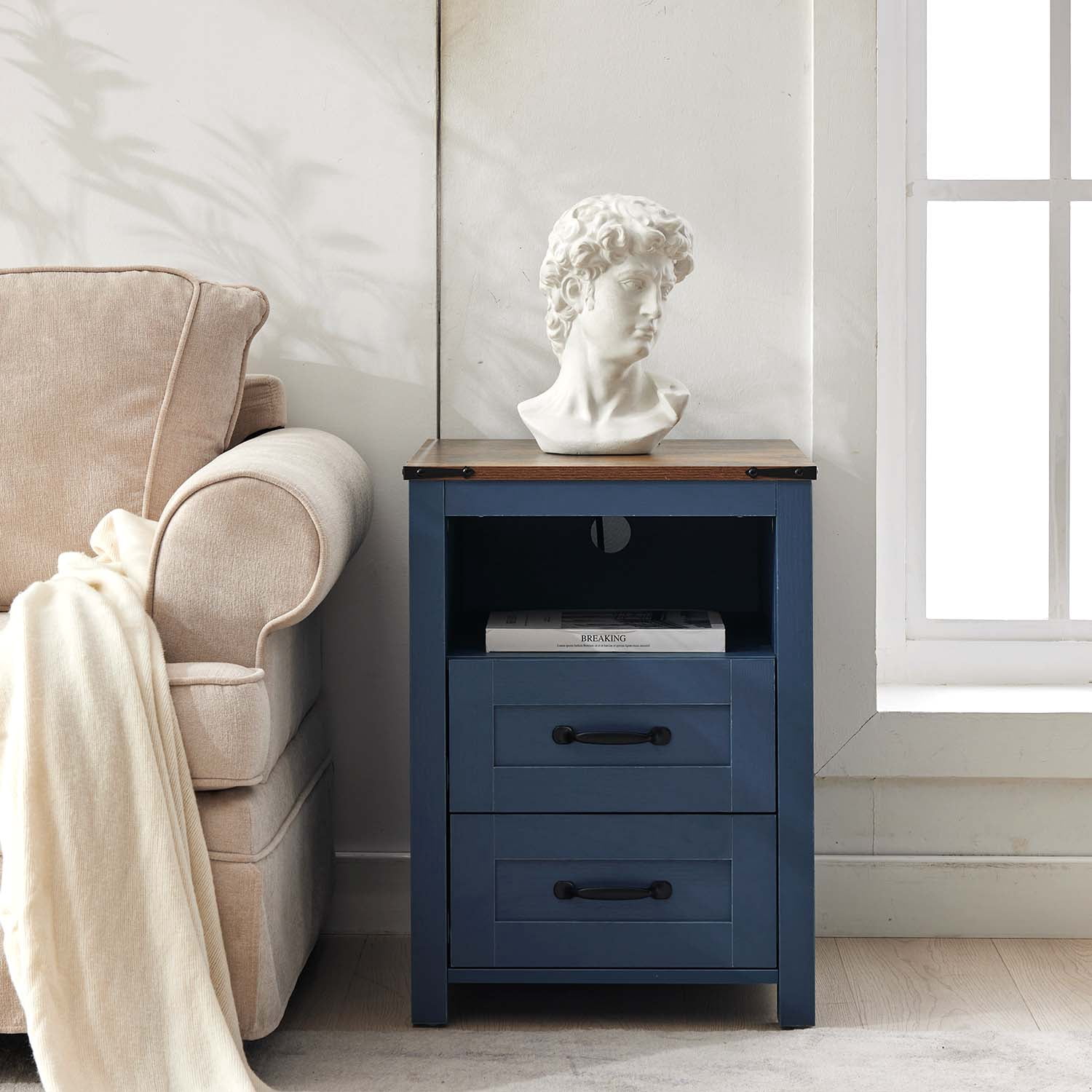 Nightstand with Charging Station,Side Table with 2 Drawers Storage Cabinet for Bedroom, Living Room, Blue
