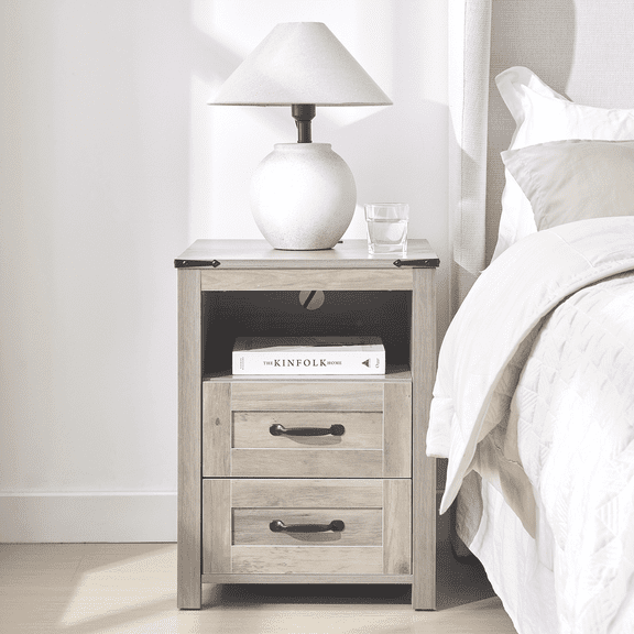 Nightstand with Charging Station,Side Table with 2 Drawers Storage Cabinet for Bedroom, Living Room, Gray