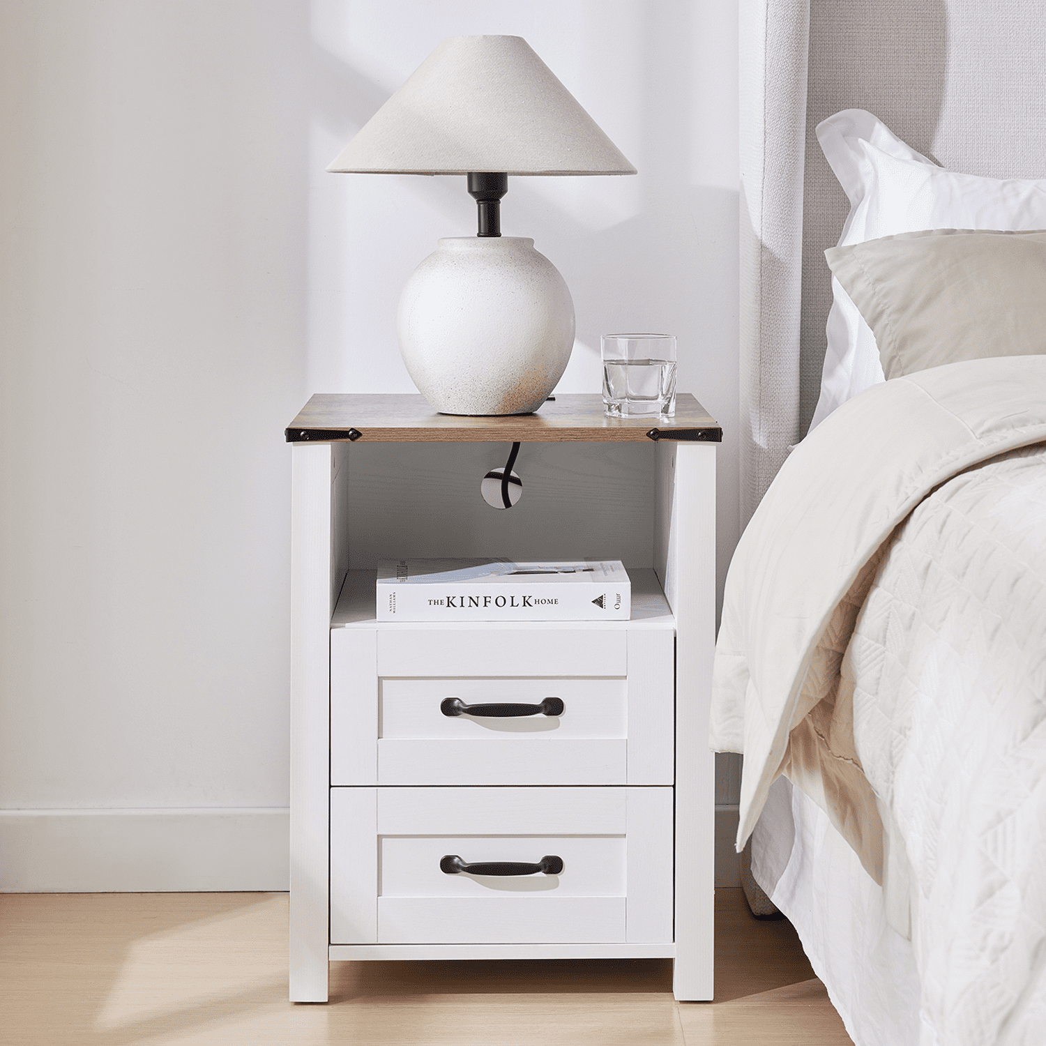 Nightstand with Charging Station,Side Table with 2 Drawers Storage Cabinet for Bedroom, Living Room, White