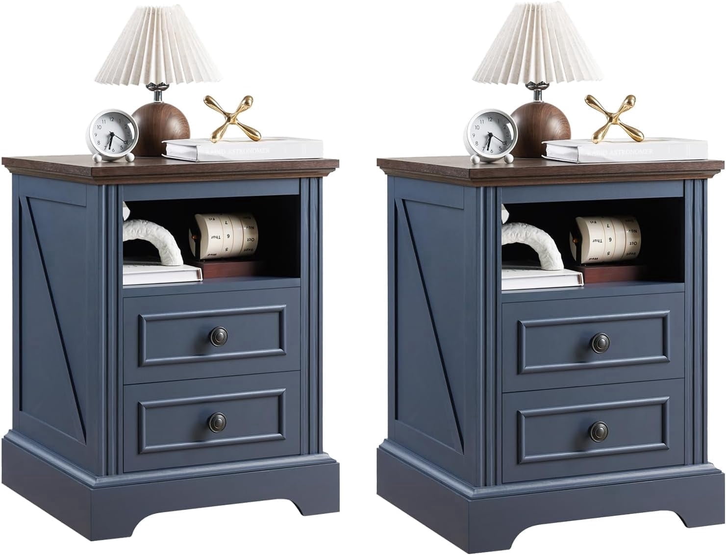 Vecenuy Nightstand with Charging Station, Side Table with 2 Drawers & Open Storage, 18" Retro Bedside, End for Bedroom Living Room, Blue