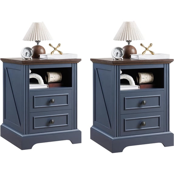 Vecenuy Nightstand with Charging Station, Side Table with 2 Drawers & Open Storage, 18" Retro Bedside, End for Bedroom Living Room, Blue