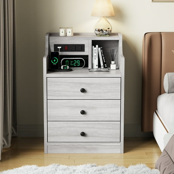 Nightstand with Charging Station, Smart Bedside Table, End Side Table with Drawers for Bedroom, Gray