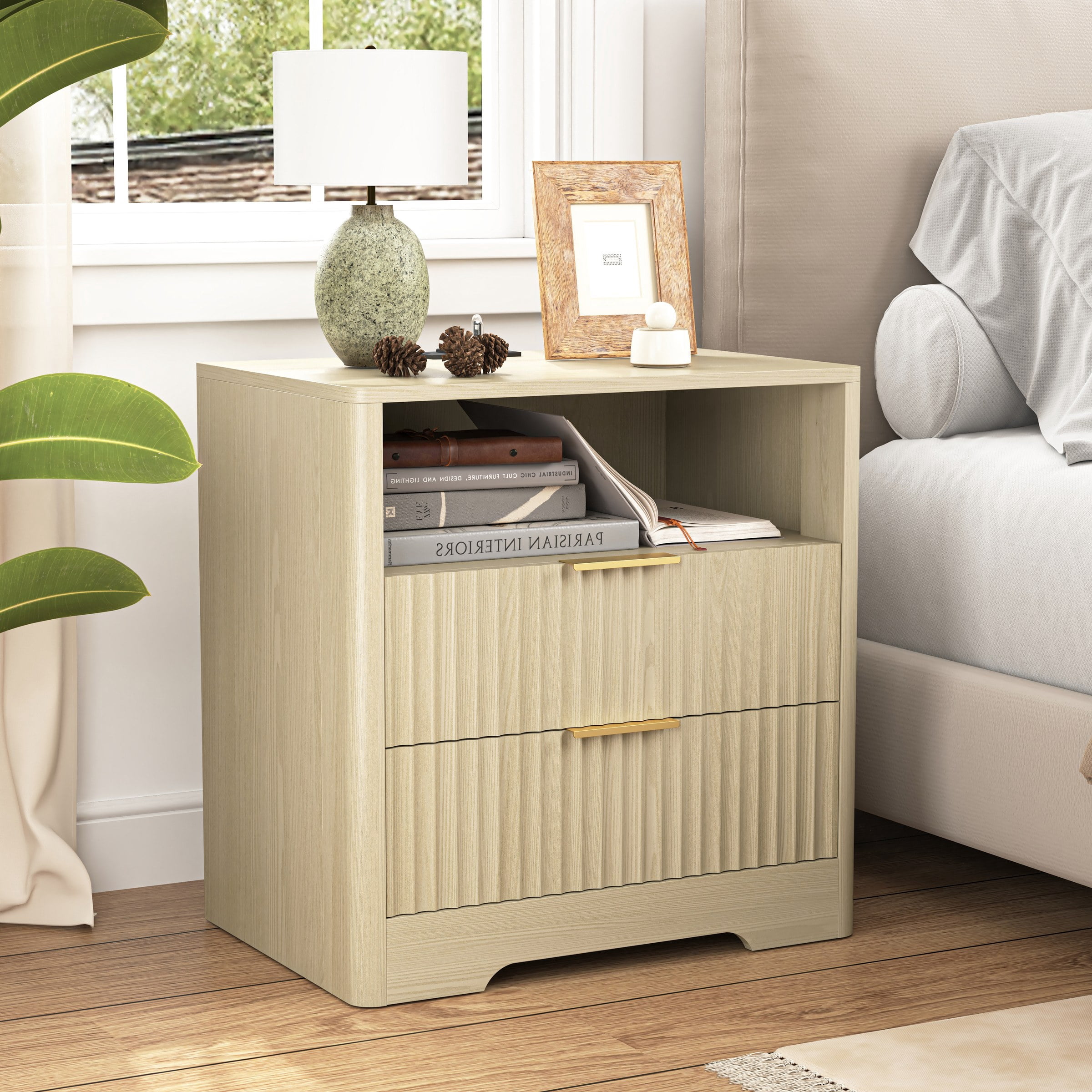 Nightstand with Charging Station, Smart Nightstand with Night Light,Bedside Tables with Storage Cabinet for Bedroom, Wood