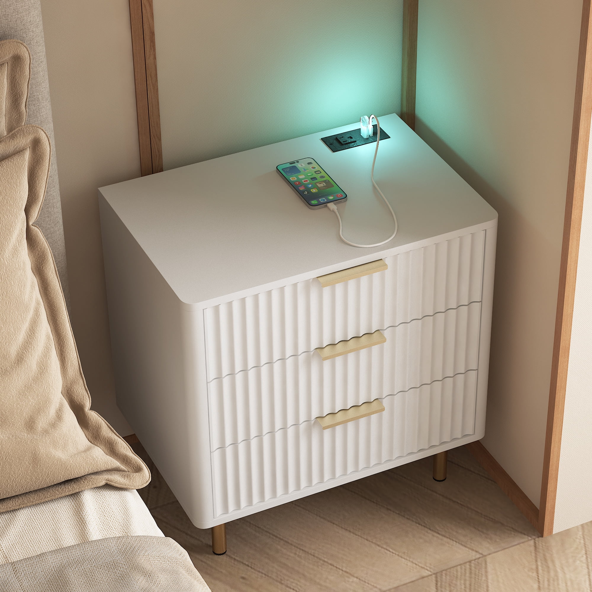 Nightstand with Charging Station, Smart Nightstand with Night Light, Modern Night Stand with Storage Cabinet for Bedroom