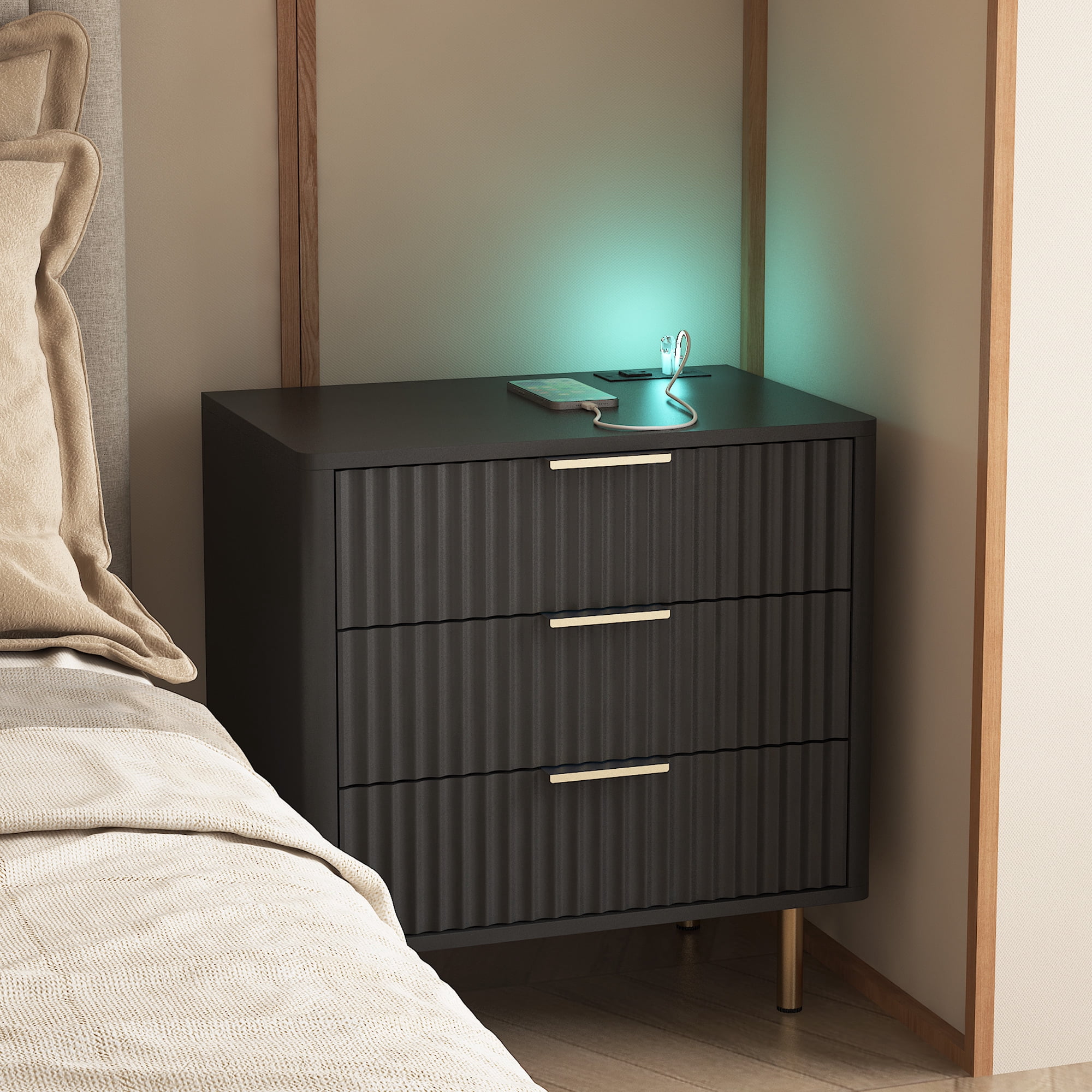 Nightstand with Charging Station, Smart Nightstand with Night Light, Modern Night Stand with Storage Cabinet for Bedroom