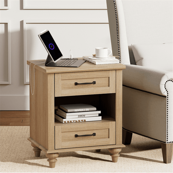 Nightstand with Charging Station, End Table with Storage Drawer & Shelf, Solid Wood Feet, Oak