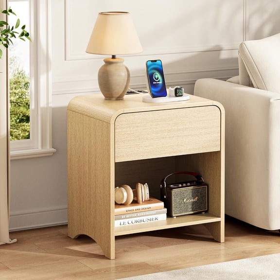 Nightstand with Charging Station & Storage, Light Oak