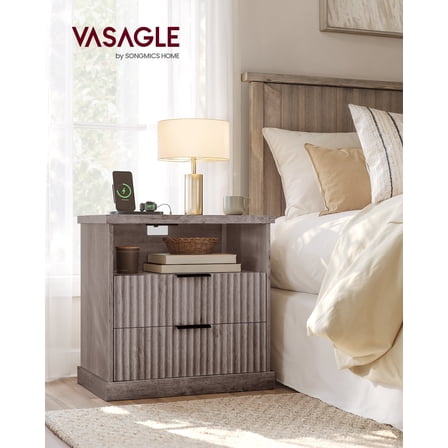 Nightstand with Charging Station - Transitional Bedside Table with 2 Drawers & Shelf, 2 Outlets & 2 USB Ports, Washed Gray