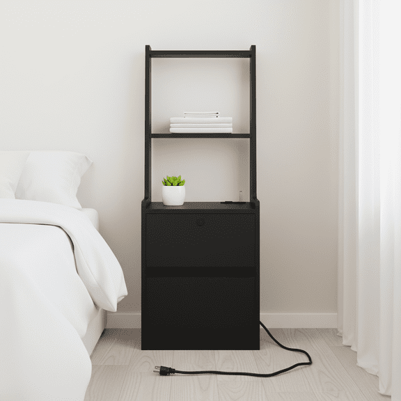 Nightstand with Charging Station & Voice-Controlled Night Light - Modern Bedside Table with Lockable Cabinet & Open Bookshelf, Black