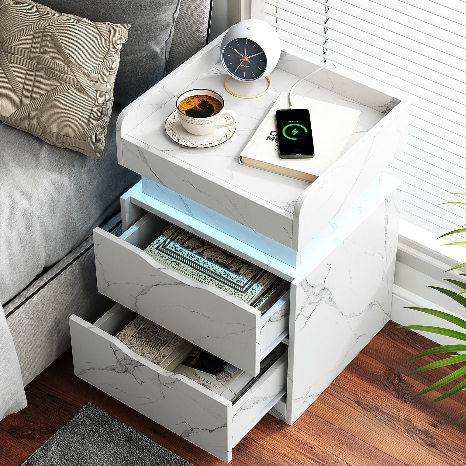 Nightstand with Charging Station, White Bedside Table LED Modern Nightstand with 3 Hidden Drawer for Bedroom Living Room,White Marbled