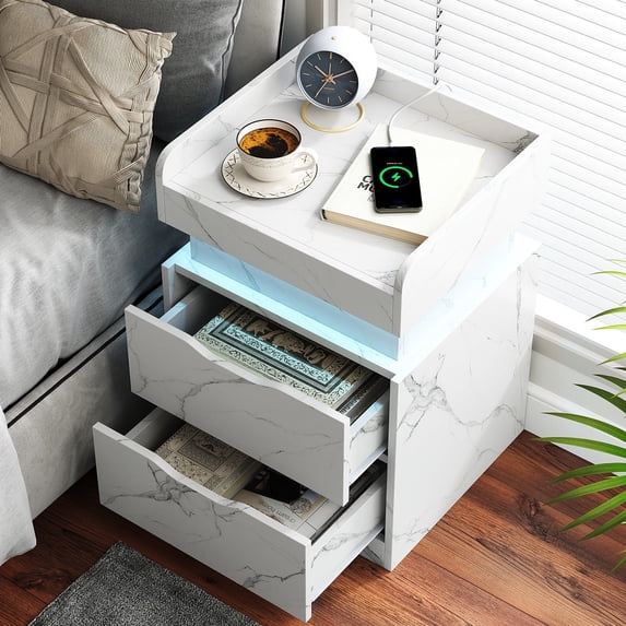 Nightstand with Charging Station, White Bedside Table LED Modern Nightstand with 3 Hidden Drawer for Bedroom Living Room,White Marbled