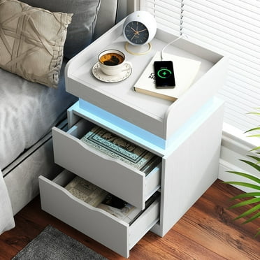 Nightstand with Charging Station, White Bedside Table LED Modern Nightstand with 3 Hidden Drawer for Bedroom Living Room