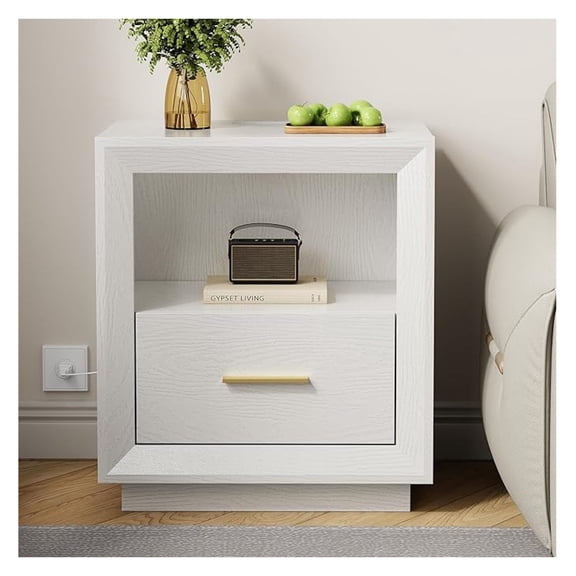Nightstand with Charging Station, White Bedside Table with Drawer & USB Ports